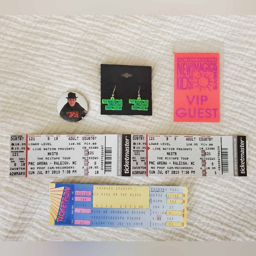 New Kids On The Block Memorabilia Lot with Tickets, Pin, VIP Pass, Earrings